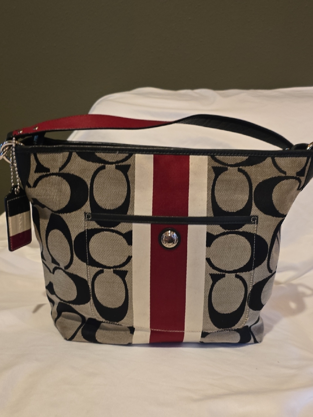 Coach Canvas Shoulder Bag in Red, Tan, Cream & Black. 14'W × 11' Tall. - Picture 3 of 16